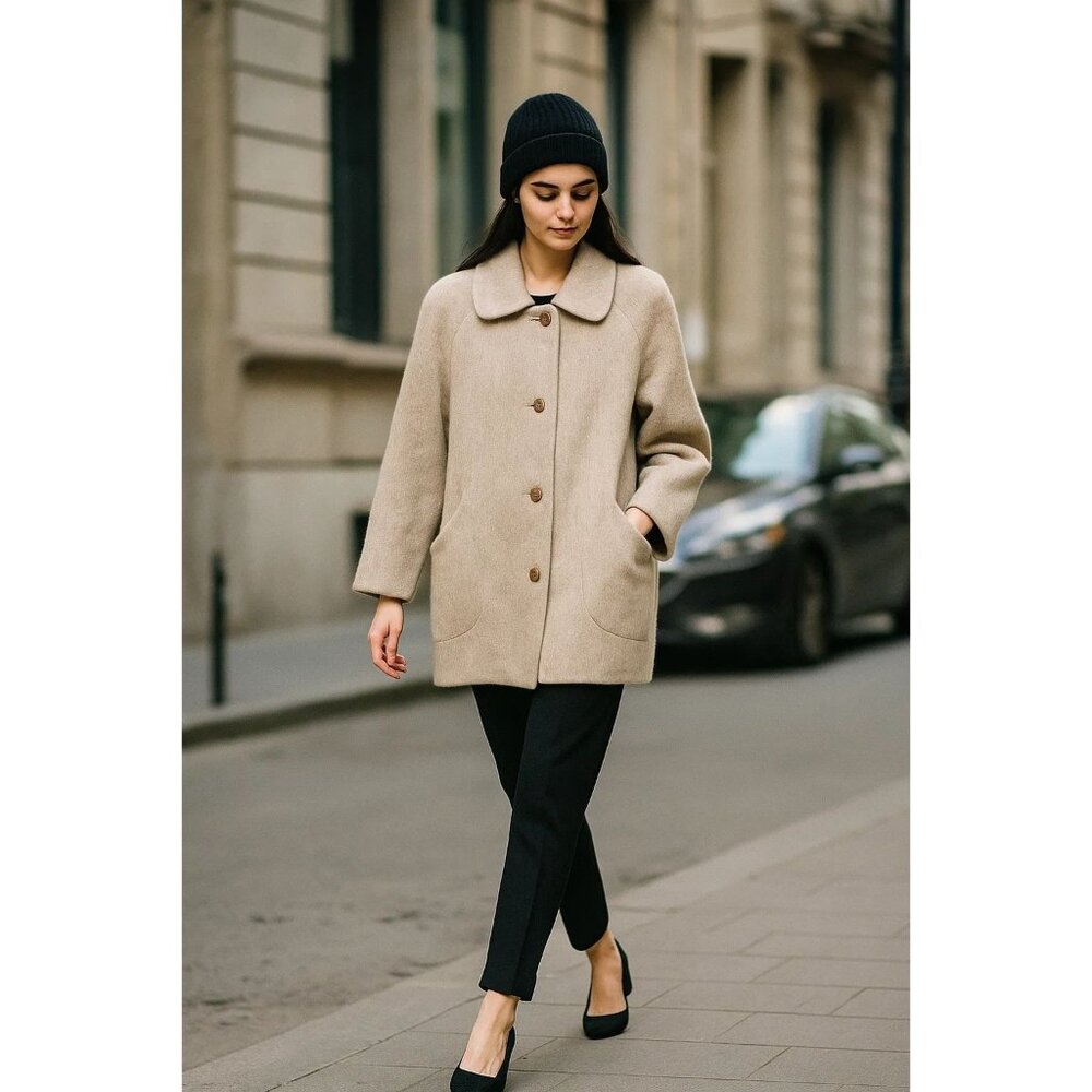 Herman Kay Vintage Wool Coat Oatmeal Tan Button-Up Lined Shoulder Pads Sze Large